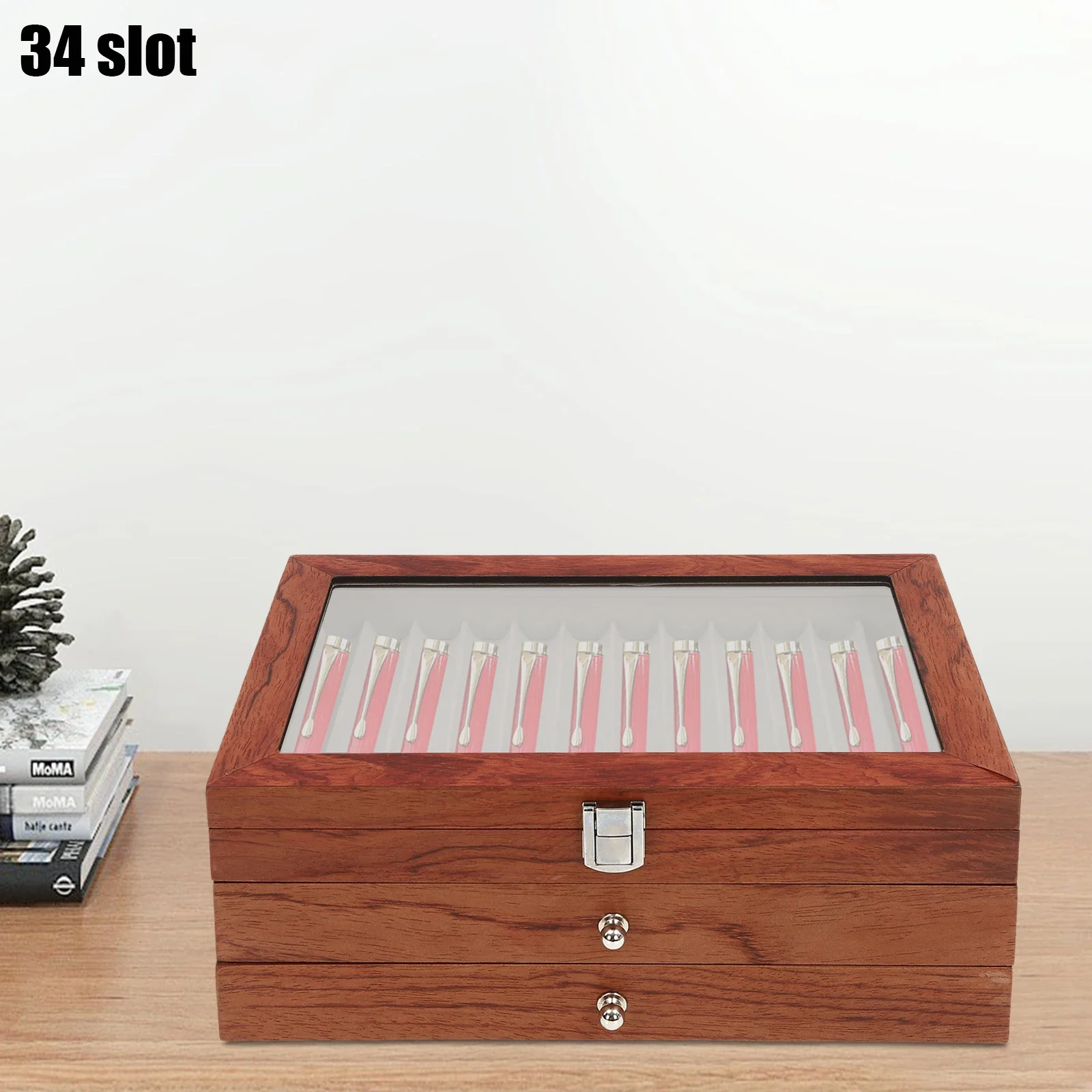 Stiftbox Kollektionsbox aus Holz für Stifte Kugelschreiber 34 Fächer Stiftbox Füllfederhalter-Schrank Vitrine Füllfederhalter-Aufbewahrung – Detail 2