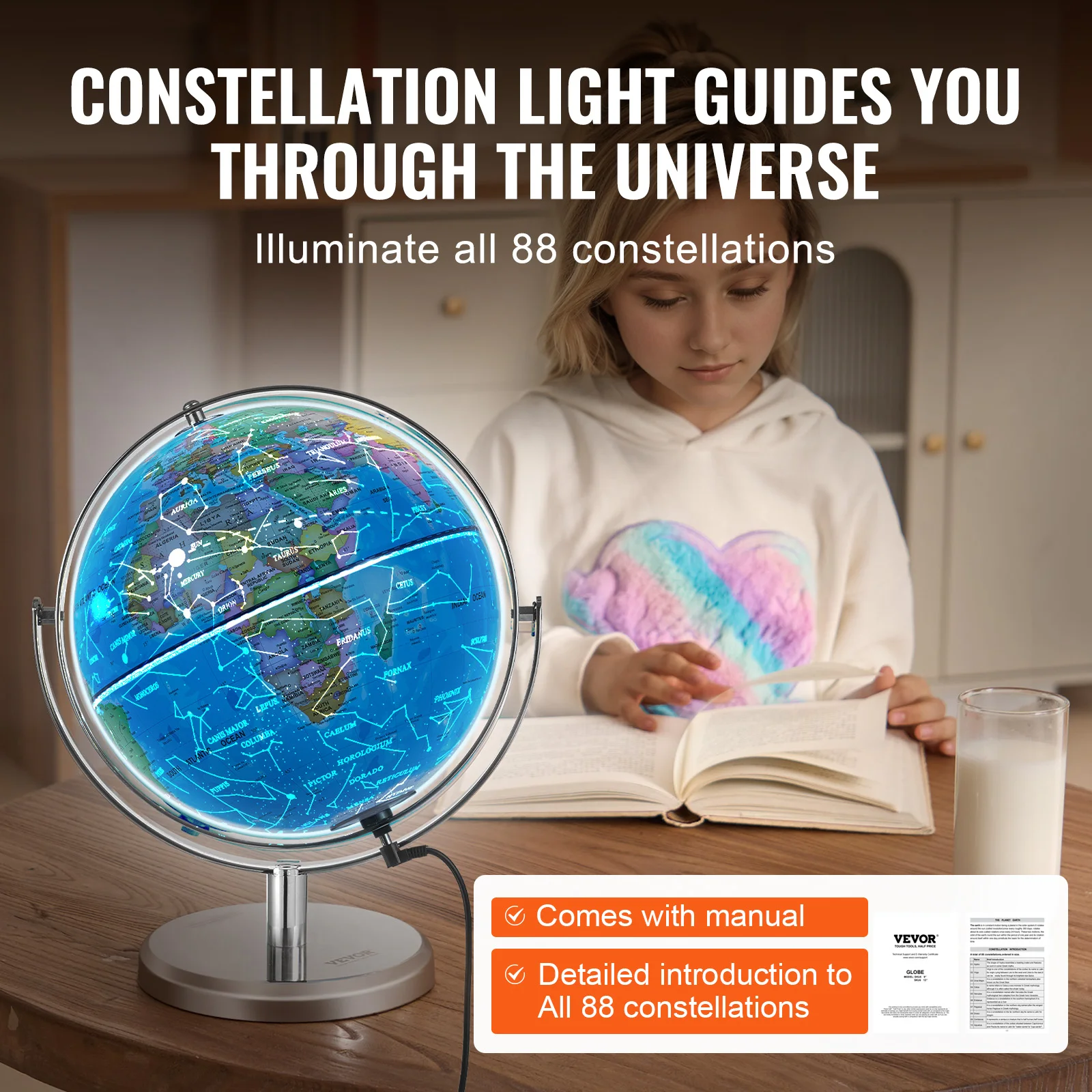 Illuminated World Globe with Stand 9in/228.6mm Stable Heavy Metal Base and LED Constellation Night Light HD Printed Map SucceBuy