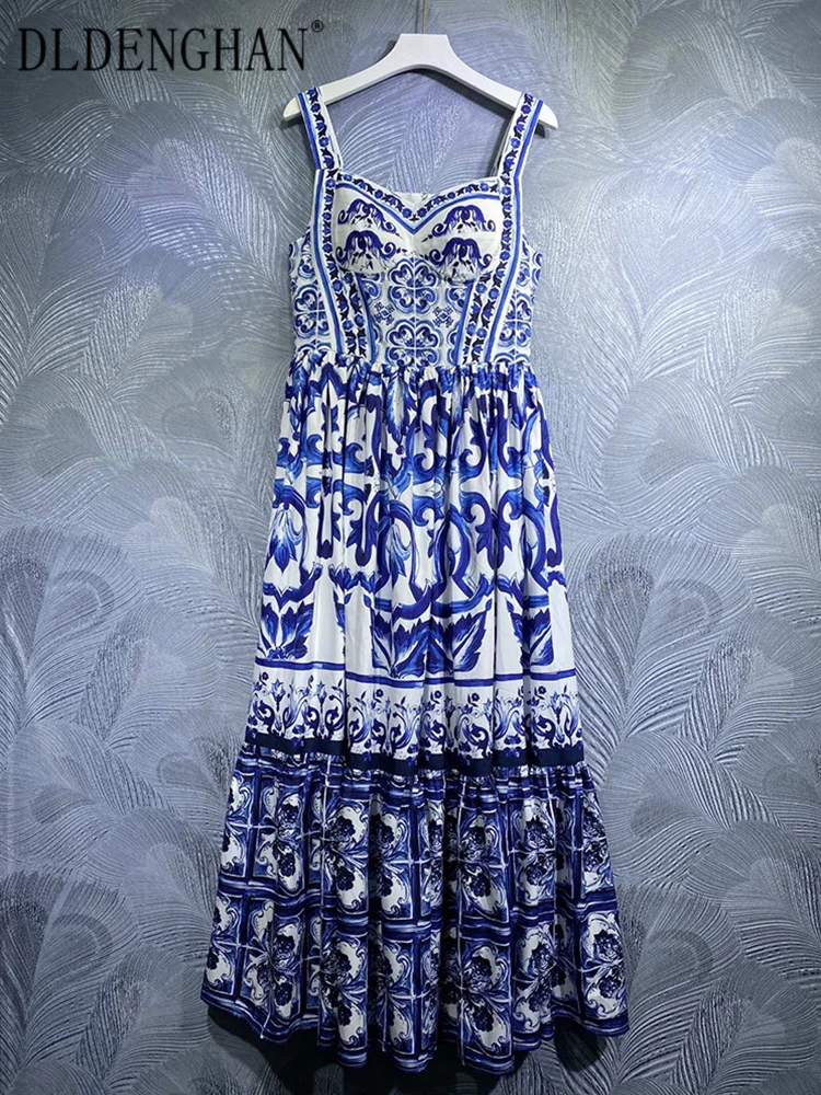 

DLDENGHAN Vintage Long Dress Summer Spring New Fashion Design Women Runway High Street Blue Flowers Butterfly Print Strapless