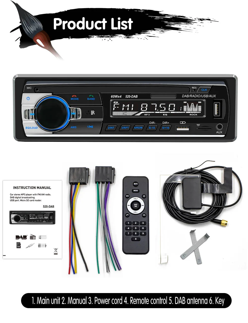 Ptopoyun Car MP3 Multimedia Player JSD 520 Dab Radio DAB+ RDS AM FM Audio Stereo Receiver 12V In Dash 1din Bluetooth Autoradio