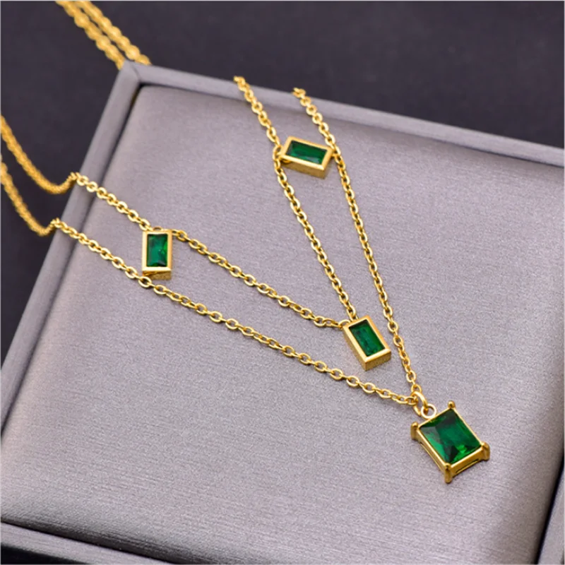 316L Stainless Steel New Fashion Fine Jewelry Elegant 2-layer Embed Green Zircon Charms Chain Choker Necklaces Pendant For Women