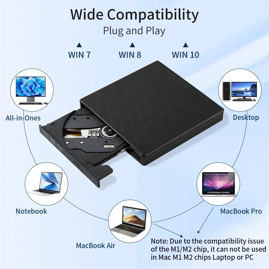 External CD DVD Drive USB 3.0 Type C 2-in-1 CD Player blu ray Burner DVD RW Writer Reader DVD-ROM Burner for Laptop Desktop