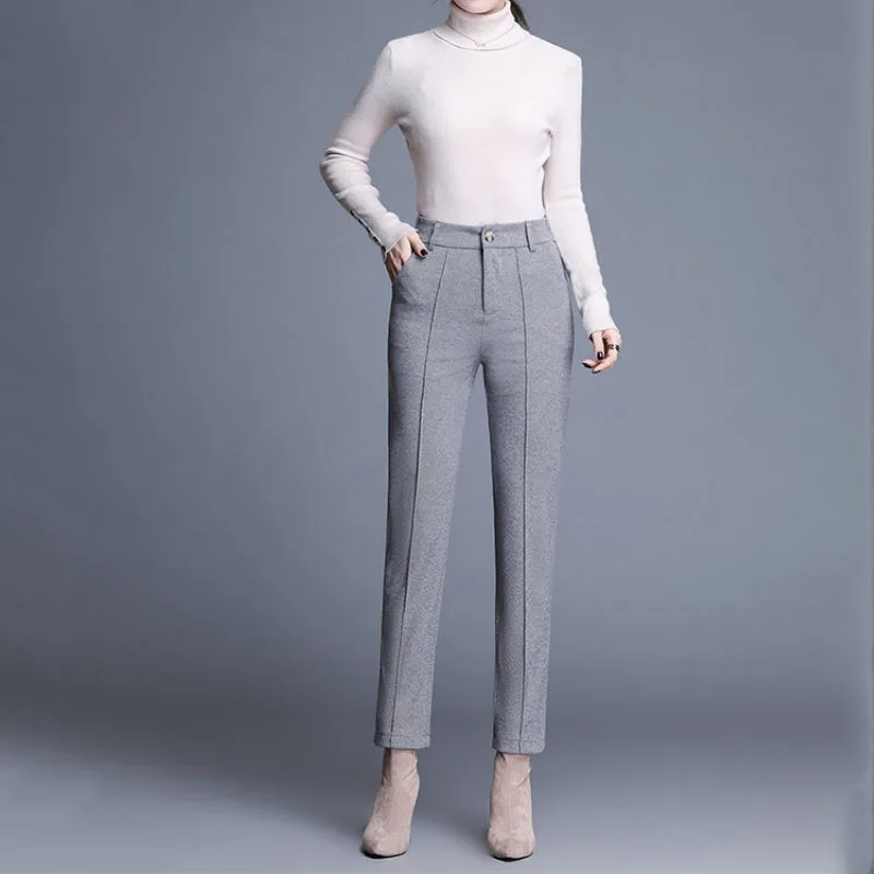 Office Lady Elegant Wool Harem Pants Spring Autumn Solid Elastic High Waist Korean Fashion Vintage Women Slim Pencil Trousers washed jeans harem pants new women spring autumn summer fashion elastic sweet travel longue casual thin nationality lady young