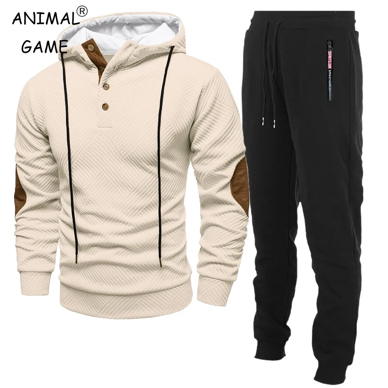 Mens 2 Pieces Pullover Hooded Set Long Sleeve Drawstring Button Sweatshirt Texture Hiking Outdoor Jackets with Baggy Pants