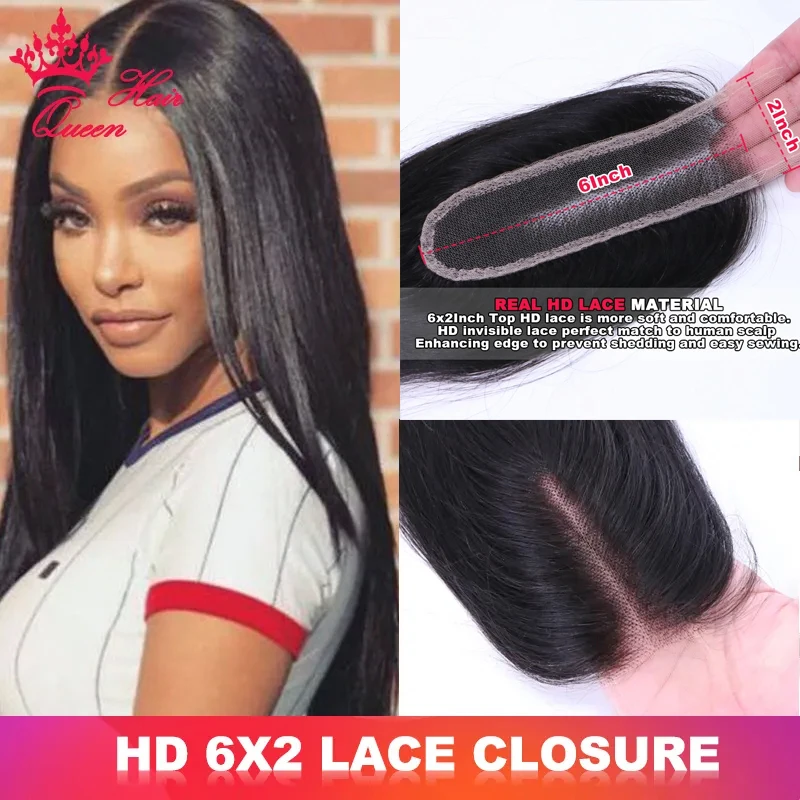 Queen Hair Real Hd 2X6 Deep Part Pre Plucked Small Knots Closure Invisible Melt Skin 100% Human Raw Hair Straight / Body Wave