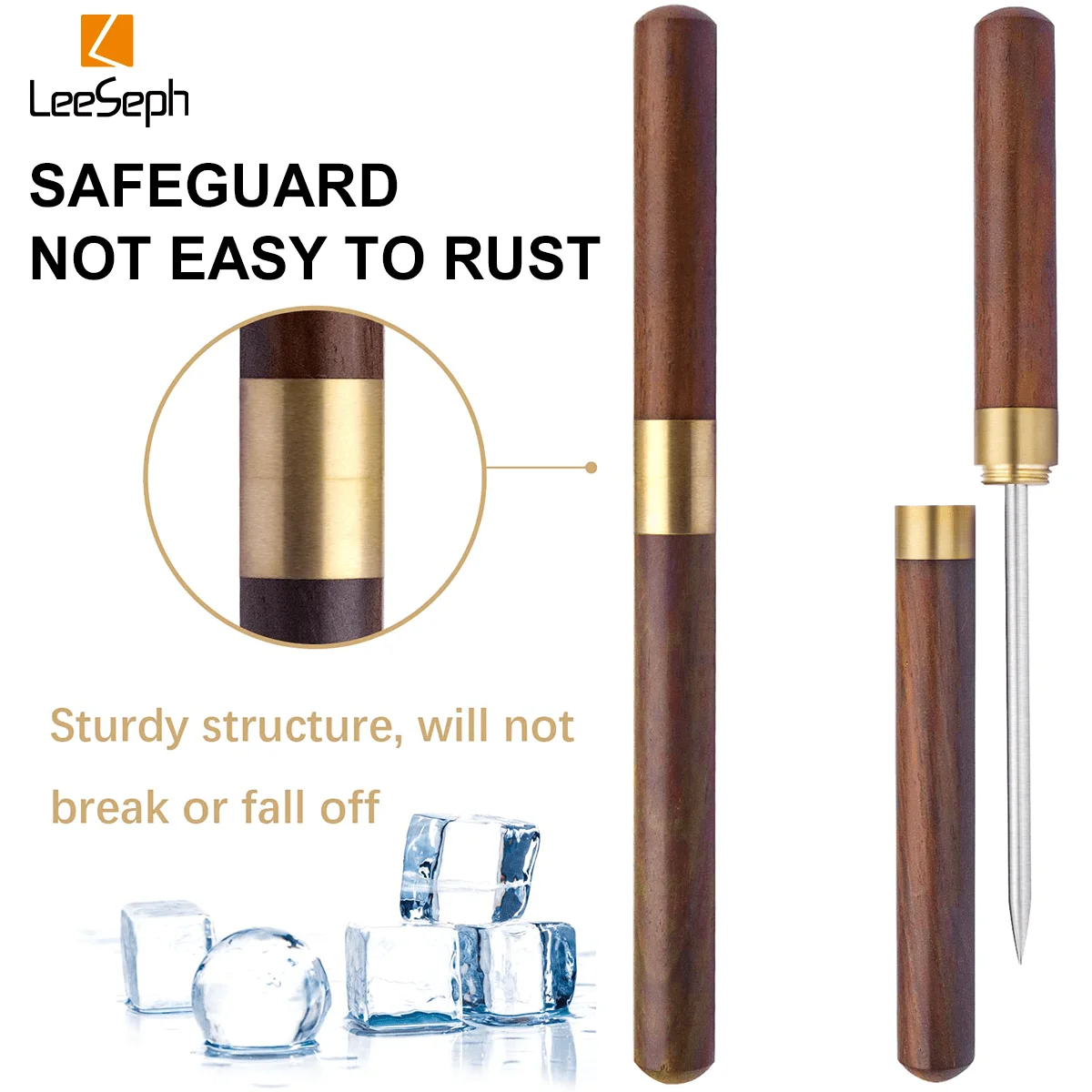 Leeseph Stainless Steel Ice Pick with Safety Cover Non-slip Wooden Handle Easy Grip Breaking Ice Tool bar tools,ice pick For Kitchen Bars