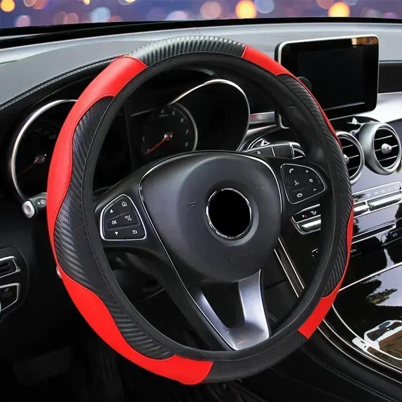 Deluxe Breathable Anti-Slip PU Leather Steering Wheel Cover with Carbon Fiber Design