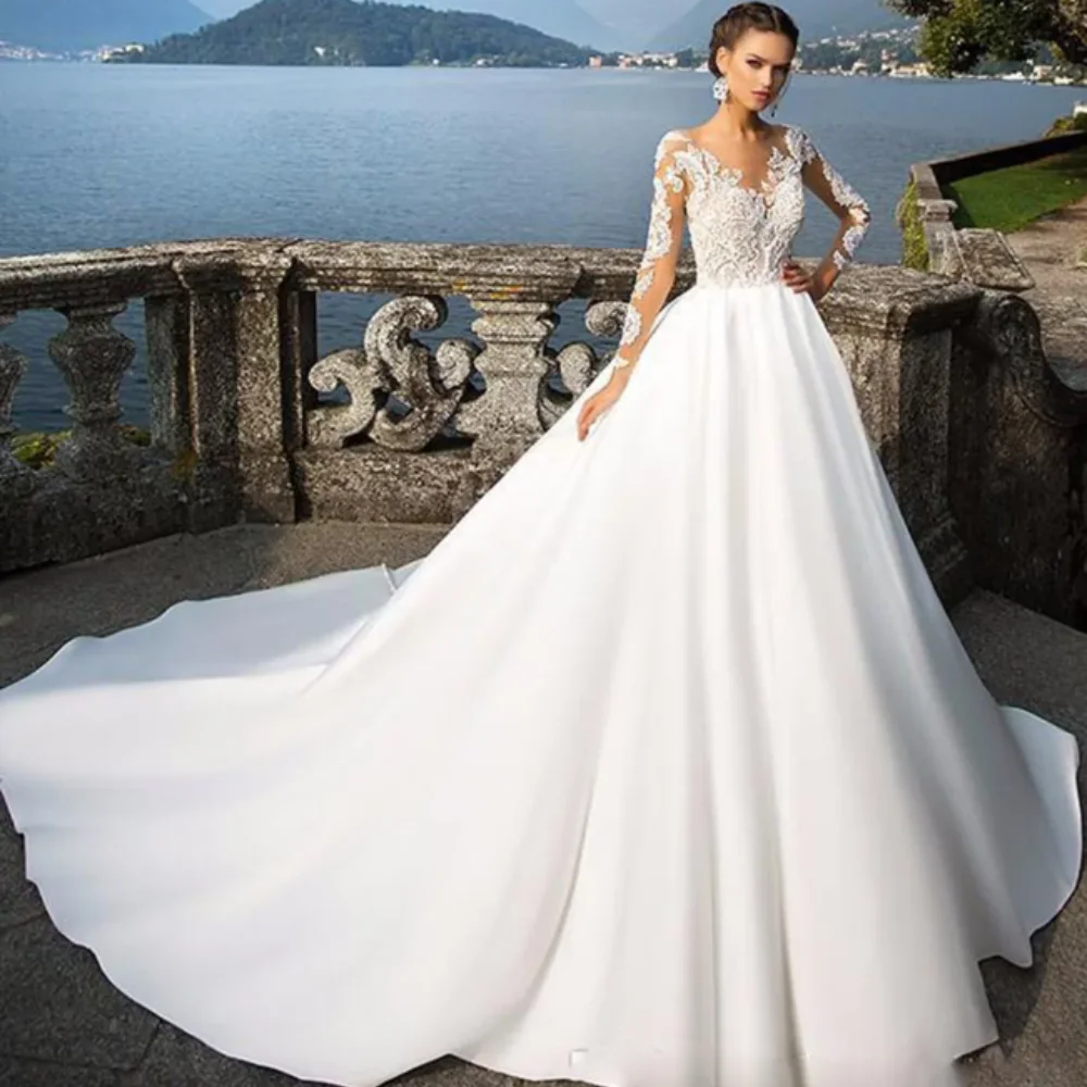 

2024 Lace ball gown Wedding Dresses Sweetheart Appliques A Line Long Sleeves Vintage Bridal Gowns Illusion Back Vestido De Novia