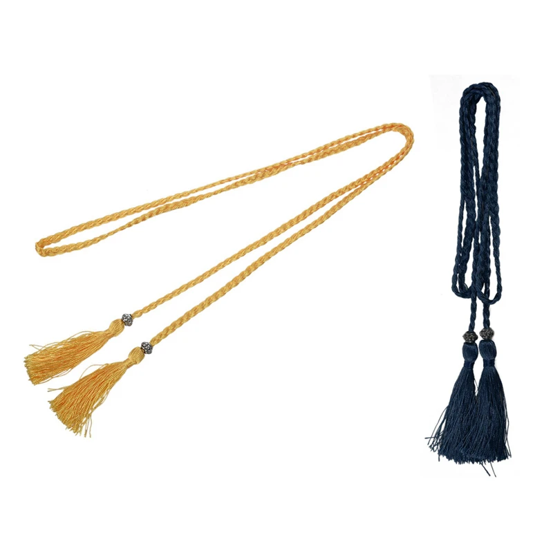 

2PCS Woven Tassel Belt Knot Decorated Waist Chain Waist Rope, Gold & Navy Blue