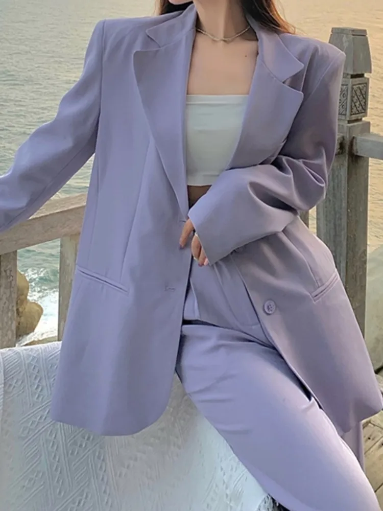 Spring Summer Women Blazer Pantsuit Long Sleeve Jacket Pants Two Piece Set Female Fashion Business Casual Purple Trousers Suit