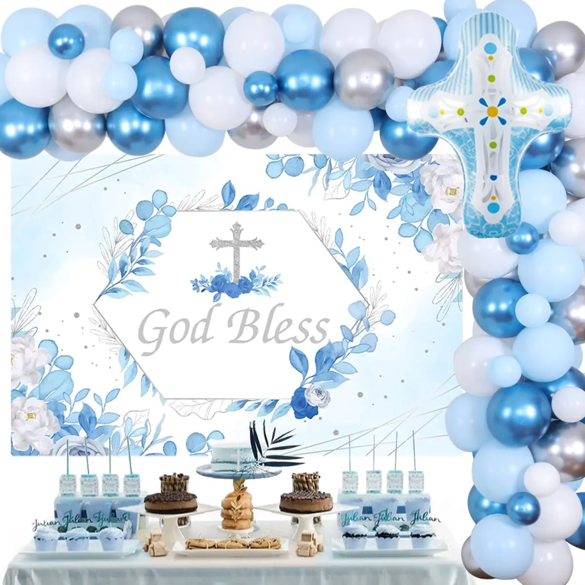 Decoraciones de fiesta de bautismo para niño, Kit de guirnalda de globos de  plata azul, telón de fondo de bendición de Dios, suministros para fiesta de primera  comunión - AliExpress