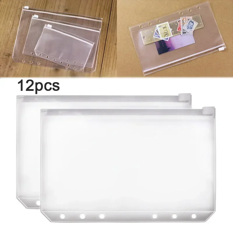Convenient Clear PVC A5 A6 A7 Binder Pockets Clear Zipper Folders 12PCS For 6-Ring Notebook Binder Files Reports file folder binder pockets file storage bag document manager document organizer