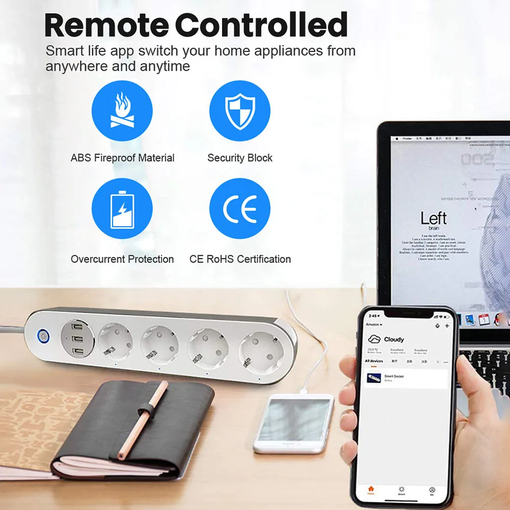WiFi Smart Power Strip 4 Outlets 3 USB Ports Smart WiFi Power Strip Socket Remote Control WorksAlexa Google Assistant