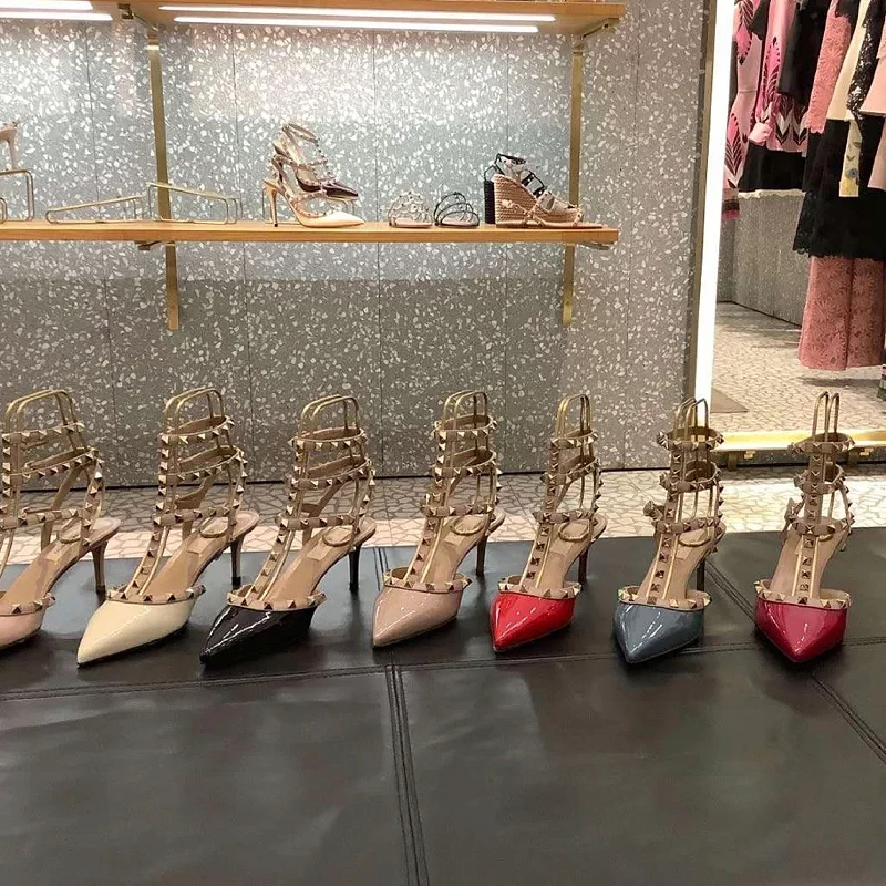 Designer Shoes Pointed Toe Rivets Brand Sandals Sexy Evening Dress Shoe Women's Sandals With Heels Elegant Women Shoes8-10CM