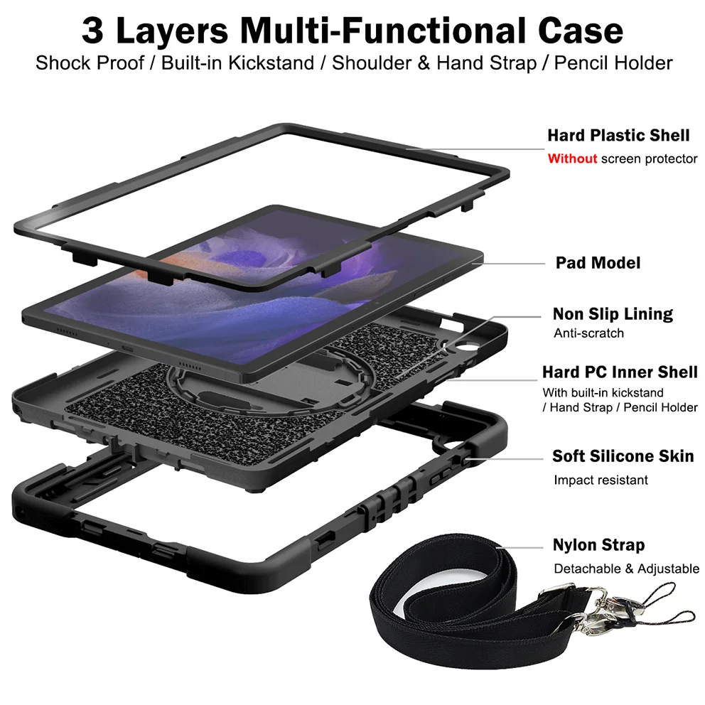 Hand Shoulder Strap and Stand Case for Tablets - 360 Rotating Kids Safe Cover