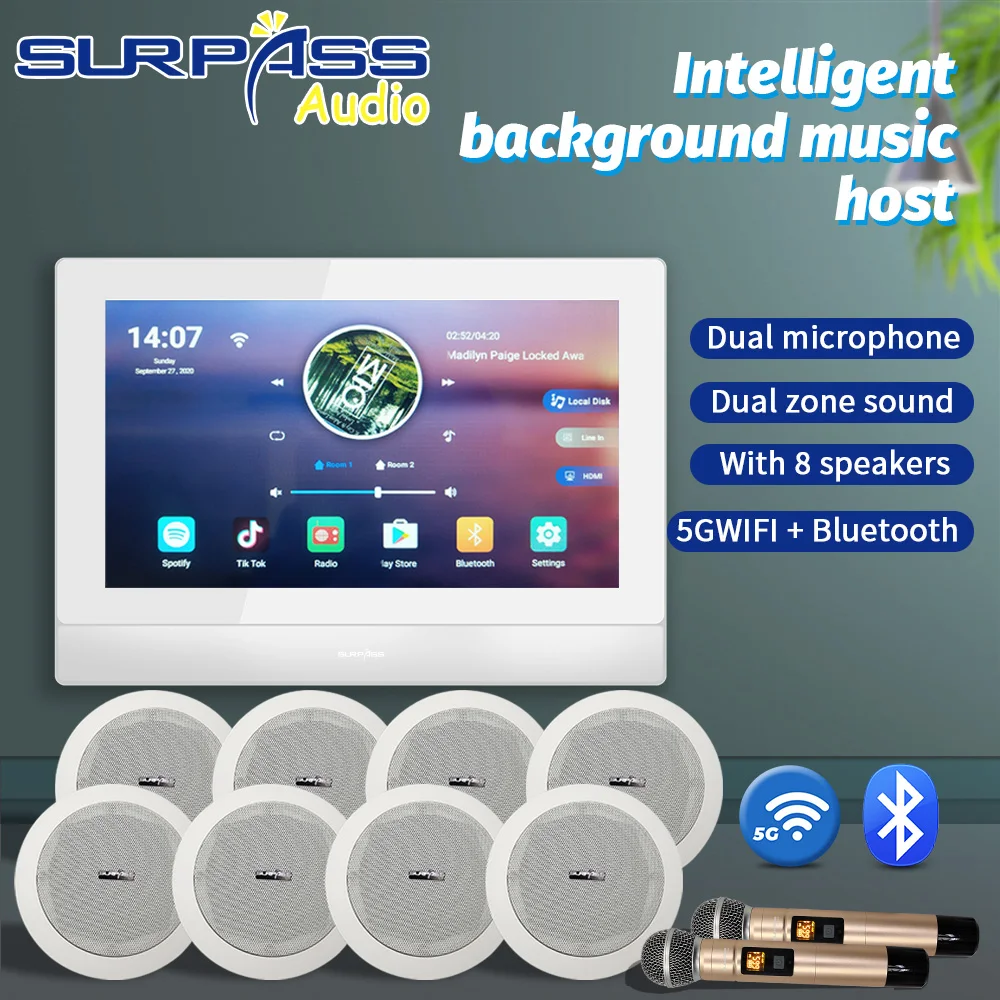 Smart Home Cinema Music Center Audio Sound Karaoke System Touch Screen In Wall Audio Android Amplifier With Microphone Speakers