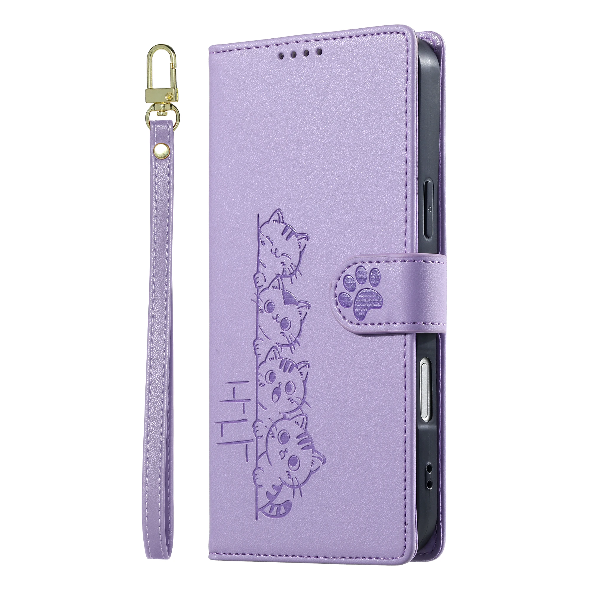 Cute Cat Leather Flip Phone Case with Strap - Stylish  Design