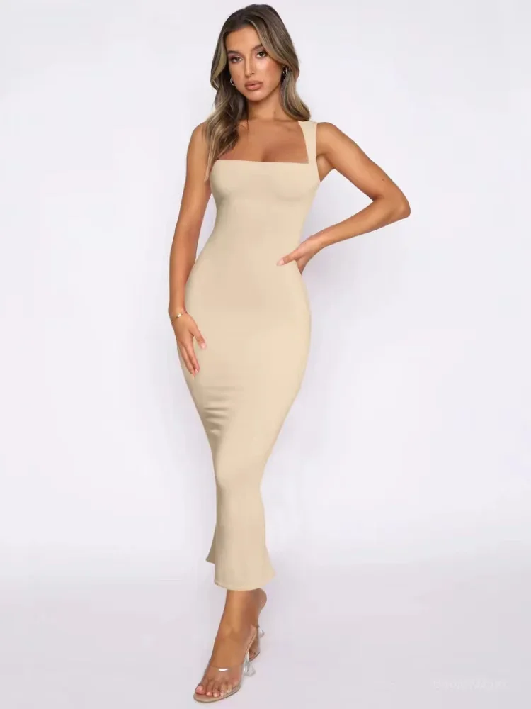 

2024 Women'S Summer New Sleeveless Slit Slim Solid Color Sexy Dress Cover Buttock Dress Elegant And Pretty Female White Dresses