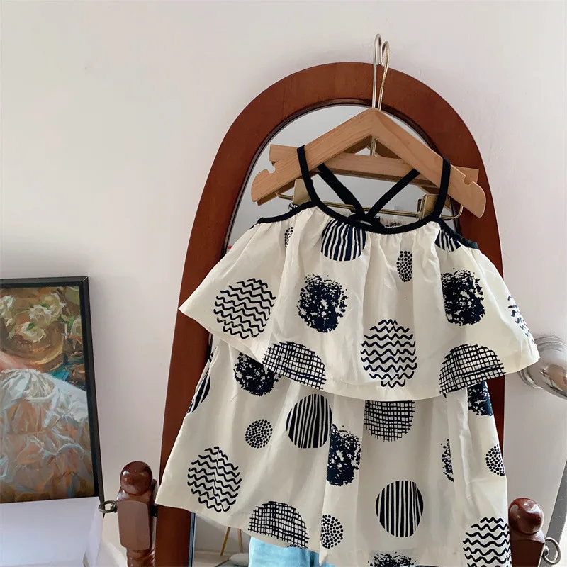 

Summer Kids Pants Set Sleeveless Print Loose Crop Tops+High Waist Wide Leg Trouser Two Pieces Children Clothing Suits