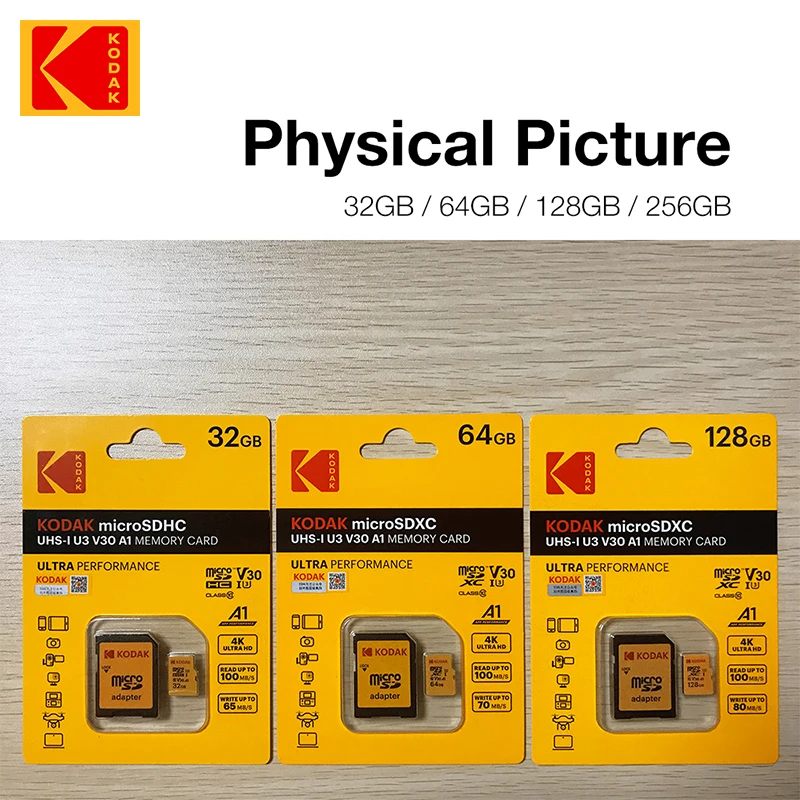 Kodak U3 마이크로 sd 카드 16GB 32GB 64GB 128GB SDXC/SDHC 클래스 10 플래시 메모리 카드, 마이크로 sd 32gb sdcard 스마트 폰용 10 개
