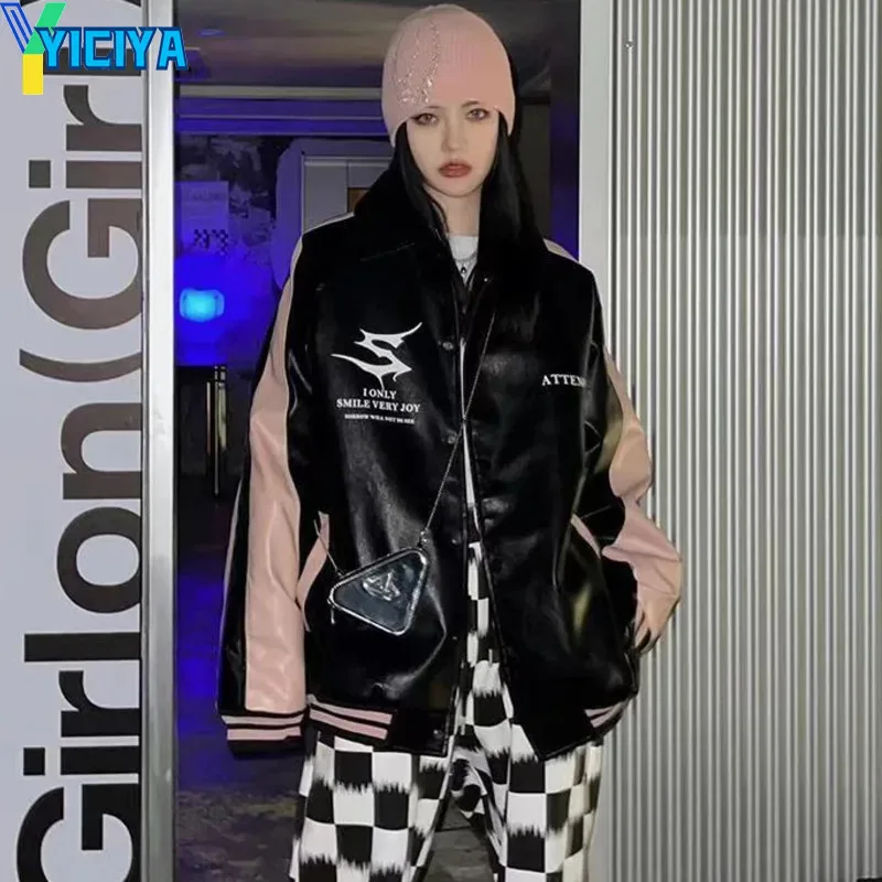 

YICIYA leather varsity Jackets black pink Women Racing Oversized Coat Vintage Outwear fashion new outfits 90s bomber 2024 jacket