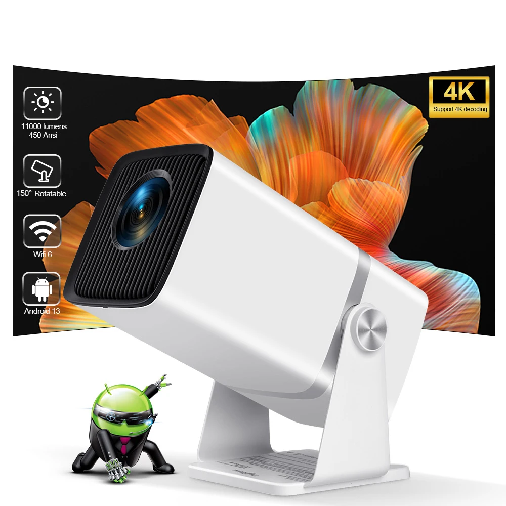 Built-in Apps]Mini Projector 1080P, 4K Projector Full HD With WIFI 6 And Bluetooth 5.2, Support 270° Rotatable Portable Projector With Auto Keystone Correction,Compatible With Phone/HDMI/USB-White