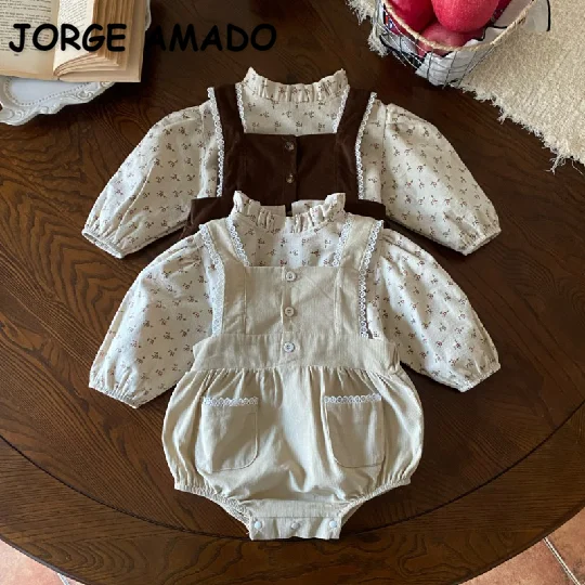 

Корейский стиль, новинка, весенне-осенние комплекты для маленьких девочек, рубашки с длинными рукавами и воротником-стойкой и цветочным принтом, однотонное Кружевное боди на бретельках, H7122