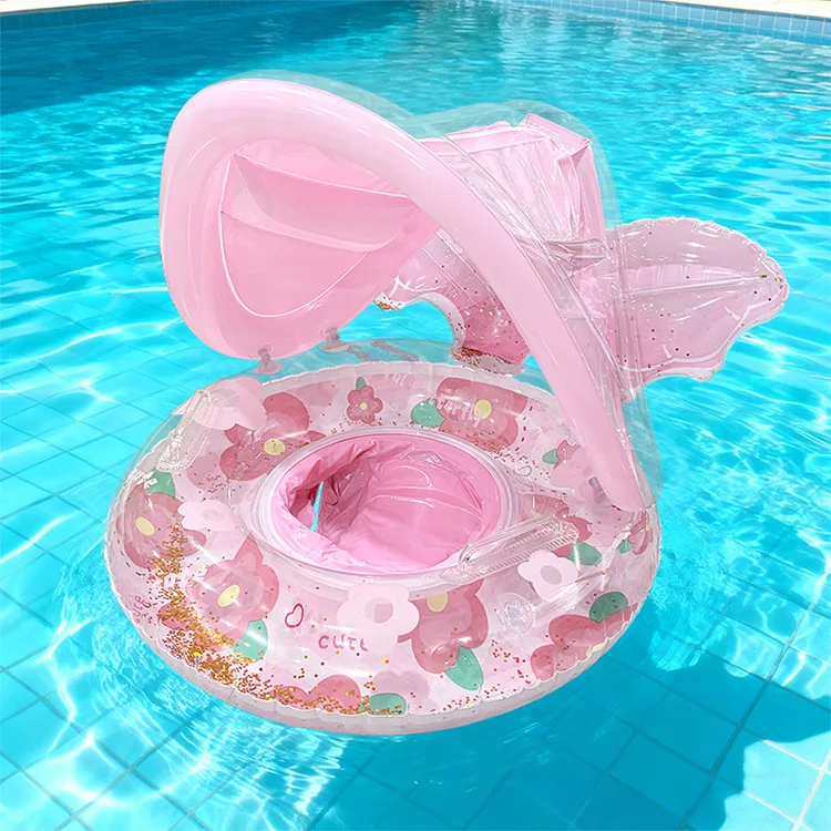 Bouée de natation gonflable pour enfants, modèle de dessin animé populaire, en PVC épaissi, anti-basculement, avec auvent et poche, pour divertissement aquatique