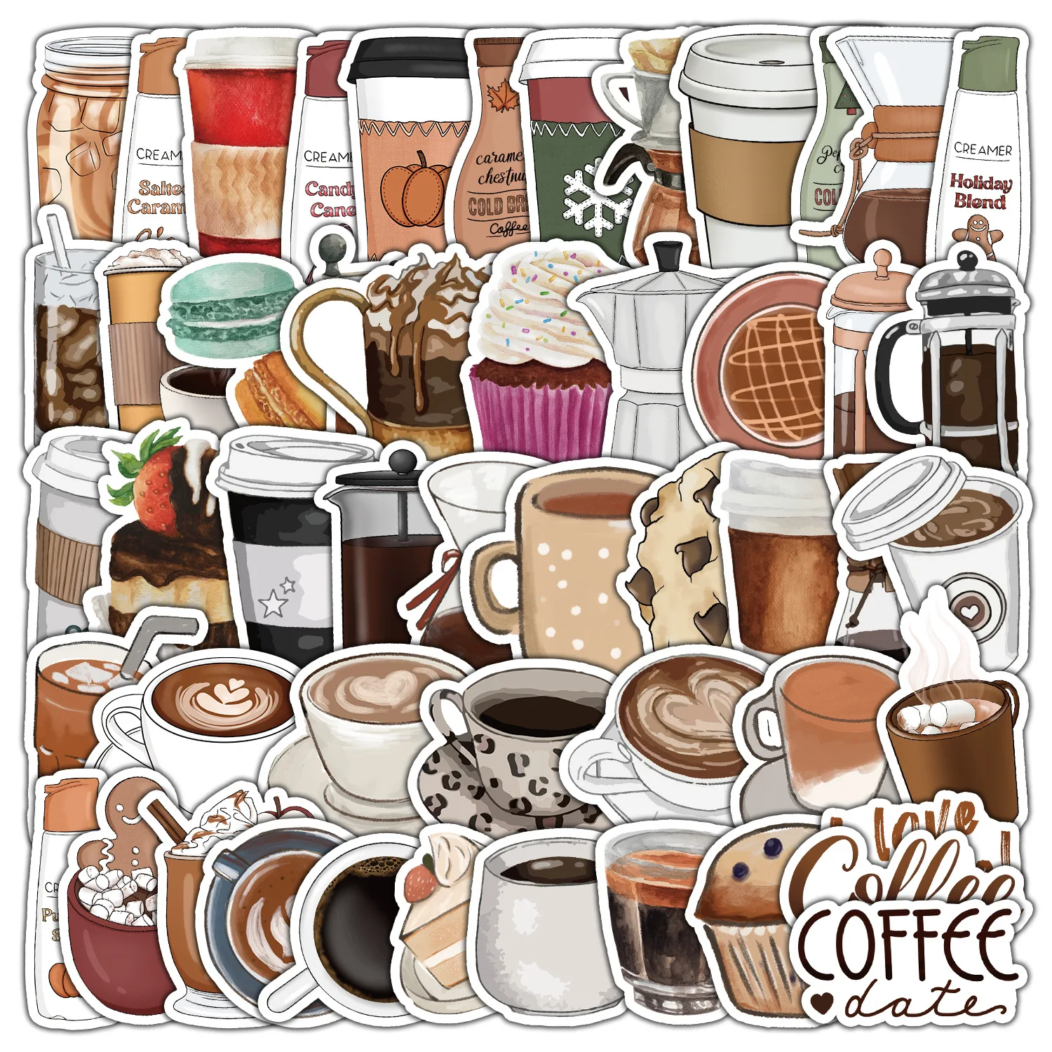 

10/30/50pcs Coffee Stickers Cup Computer Refrigerator Skateboard Creative Car Mobile Phone Hand Account Decoration Stickers