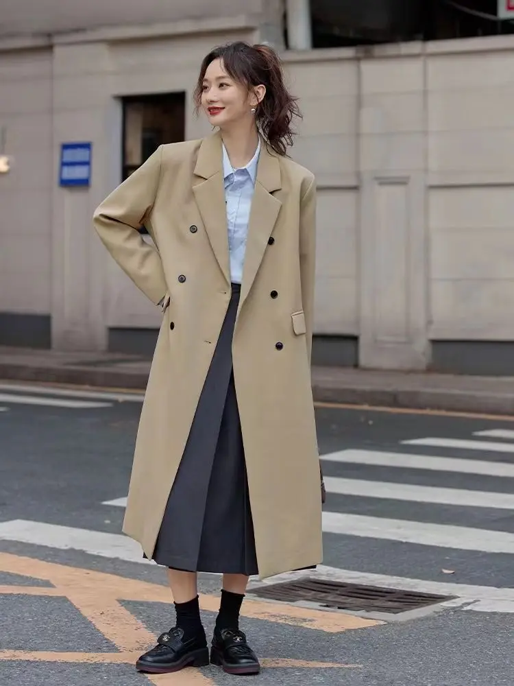 Chaqueta larga por encima de la rodilla para mujer, abrigo elegante coreano de manga larga para oficina, ropa de marca de lujo para primavera y otoño