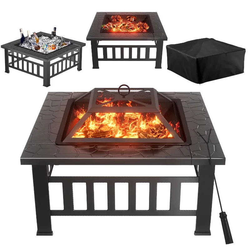 

Lacoo 32" Patio Square Fire Pit Table for Patio Backyard BBQ, Ice Storage with Mesh Lid, firepit Poker and Cover, Black