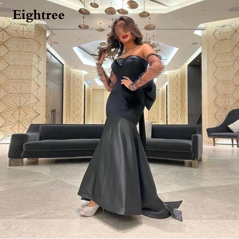 

Eightree Modern Black Prom Dresses Stain Big Bow Mermaid Abendkleider Dubai Sleeveless Evening Dress Robes De Soirée Party Grown