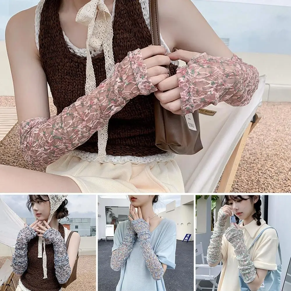 

Sunscreen Lace Thin Hollow-Out Arm Sleeves Long Gloves Cycling Mittens