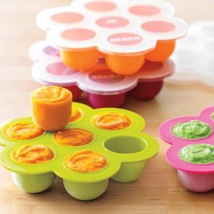 Multifunction Safety Food Grade Silicone 7-hole Baby Food Box With Lid Ice Tray Fruit Storage Box Freezer Tray Cup Cake Mold