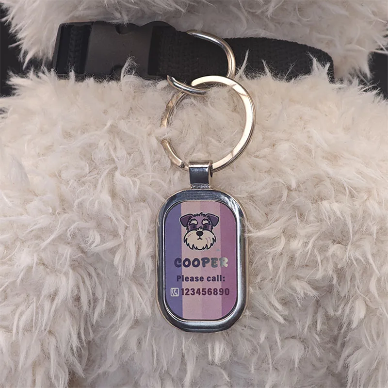 Custom Engraved Pet ID Tag with Colored Dog Avatar and Necklace Chain Charm
