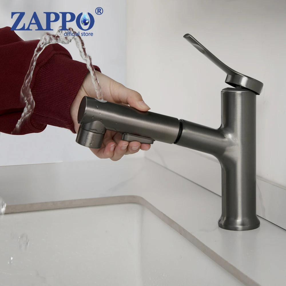 ZAPPO Bathroom Sink Faucet Pull-out Hot and Cold Water Mixer Tap for Bathroom Gray Single Handle 3 Funtion Faucets Deck Mounted