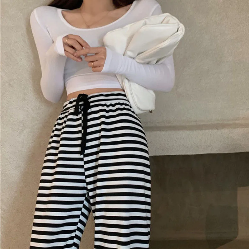 Fashion Loose Wide Leg Casual Pants Homewear High Waist Striped Summer New Female Trousers Plus Size Comfy Ankle Length Pants
