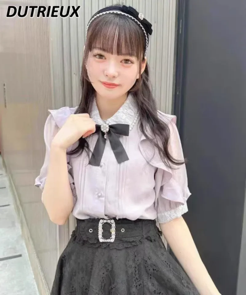 Japanese Style Rojita Mine Mass-Produced Pearl Collar Blouse Lace Stitching Flying Sleeve Tops Mujer Short Sleeve Shirt