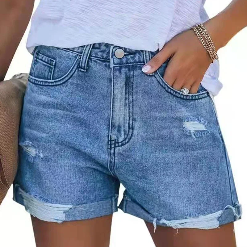 

2024 European and American Style Summer Denim Shorts for Women Handmade Frayed High Waist Comfortable Casual Jeans