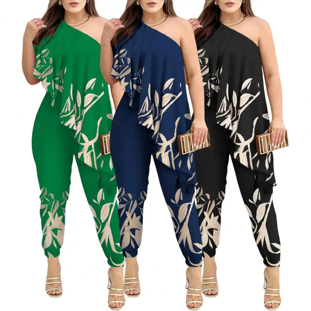 Women Jumpsuit Elegant Leaf Print One Shoulder Jumpsuit for Women Slim Fit Backless Prom Ball Lady Long Jumpsuit Women Printed