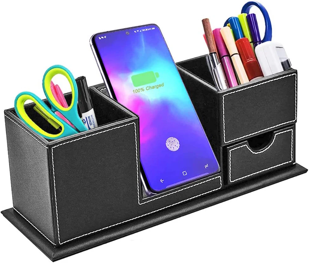 Desktop Wireless Phone Charger Organizer, Desk Pencil Holder Pen Cup Storage with Qi Charging Station Dock
