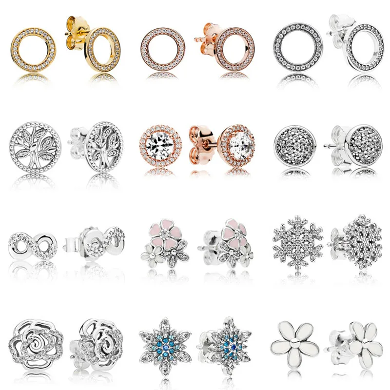 

2020 100% 925 Sterling Silver Pan Circly Peach Blue Snowflake Rose Tree Of Life Fashion Earrings High Quality Gifts Female