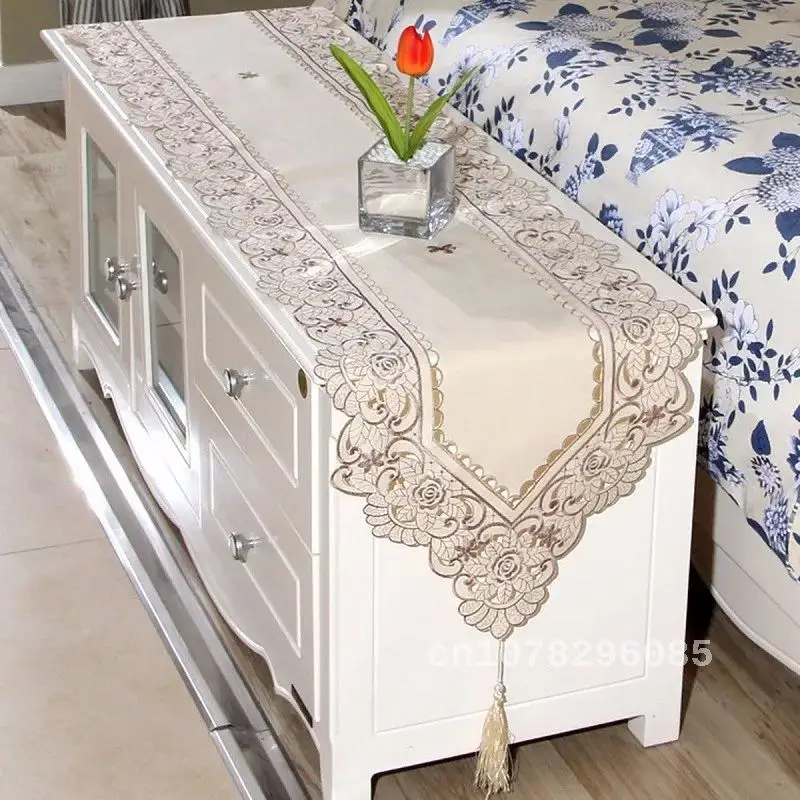 

Table Runners with Floral Cutwork Embroidery, Hollow Flower Design, and Pastoral Embroidered Tablecloth Covers