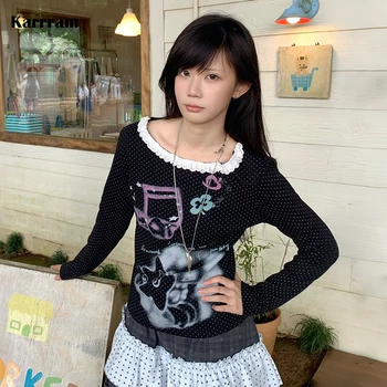 Karrram Japanese Y2k Anime Prin T-shirt 2000s Style Long Sleeve Polka Dot T Shirt Vintage Harajuku Lace Patchwork Tops Cutrecore 1