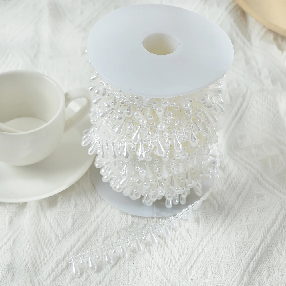 5 Meters Raindrop Style Fishing Line Artificial Pearls Beads Chain Garland Flowers Wedding Party Decoration Supply Beige/White