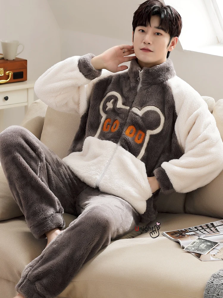 Oversize M-5XL Winter Man Stand-up Collar Pijamas Outwear Nightwear Plush Shaggy Christmas Pajamas Boy Fleece Warm Pijamas