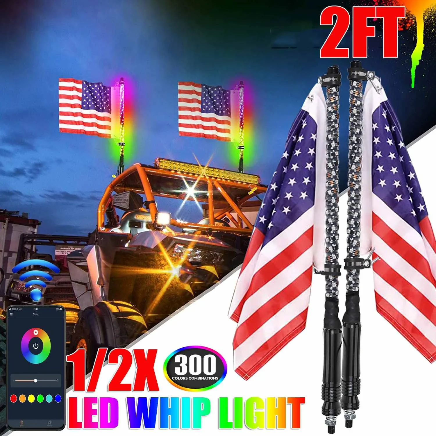 

2FT LED Whip Light RGB Waterproof Bendable Remote Control Multi-color Super Bright Flagpole Lamp Light Antenna for SUV ATV UTV