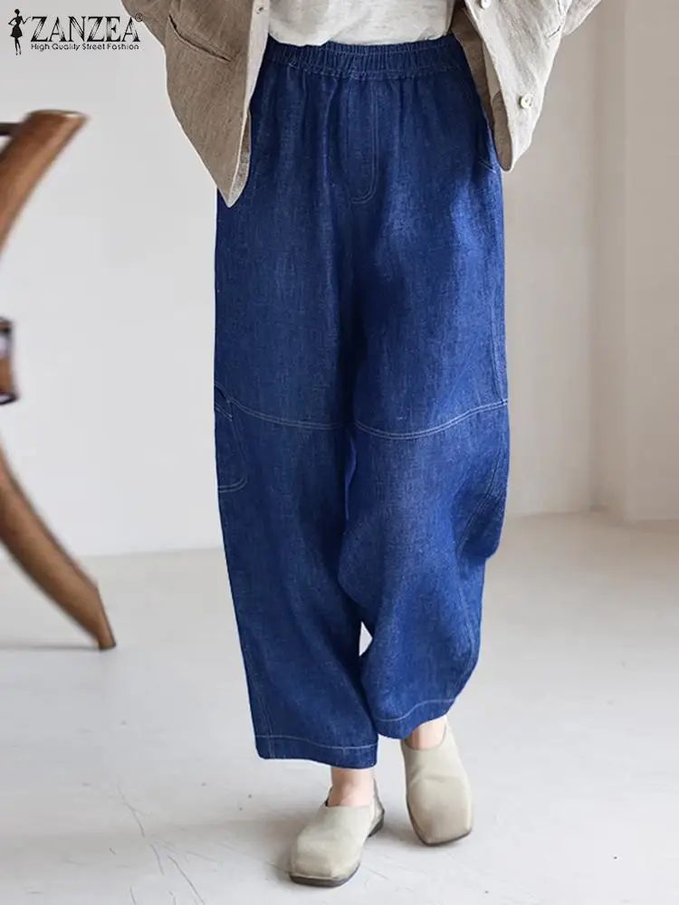 Women Denim Long Pants ZANZEA Elegant Elastic Waist Pantalones Casual Loose Harem Trousers 2023 Autumn Solid Pockets Bottoms vintage harem boyfriend jeans oversized 5xl high waisted women s cargo denim pants fashion casual trousers pantalones de mujer