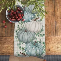 Autumn Thanksgiving Table Runner Linen Buffalo Plaid Pumpkins Mushrooms Dining Table Decoration Indoor Outdoor Tablecloth 2