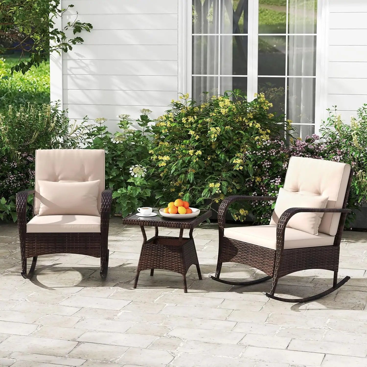 3 Pieces Patio Furniture Set, Outdoor Wicker Rocking Chairs with Cushions, Pillows, Glass Coffee Table, Rattan Bistro Rocker Set
